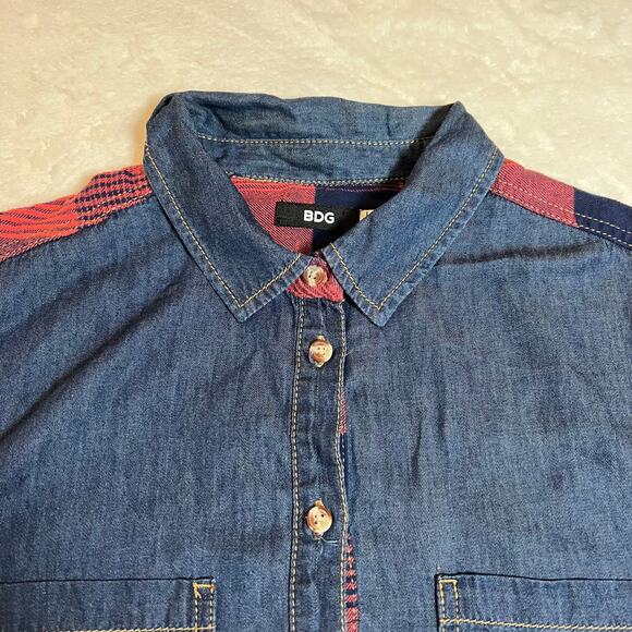 BDG Women's Mixed Media Plaid Flannel Denim Button Up Shirt Size Large Casual - Picture 3 of 9